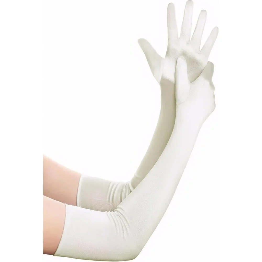 Women's Off-White Vintage Satin Long Gloves Party Costume Stretchy Elbow Length